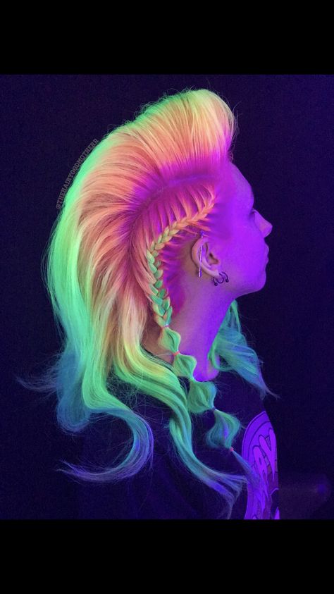 Rainbow neon festival hair done with Pravana vivids.  Blacklight EDC rave UV reactive braid braids party hair Hair Space Buns, Rocker Hair, High Ponytail Hairstyles, Rave Hair, Creative Hair Color, Candy Hair, Neon Hair, Space Buns, Bright Hair Colors