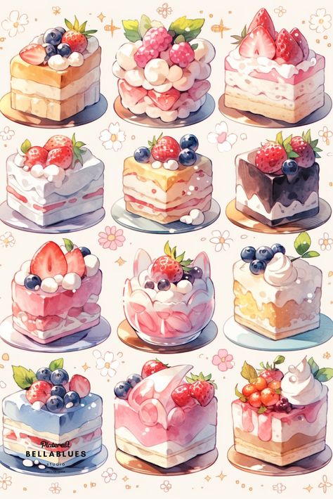 Food Drawing Desserts, Kawaii Dessert Art, Cake Concept Art, Anime Cake Drawing, Cute Dessert Drawings, Cute Cake Illustration, Cake Drawing Aesthetic, Cake Art Drawing, Cute Cake Drawing