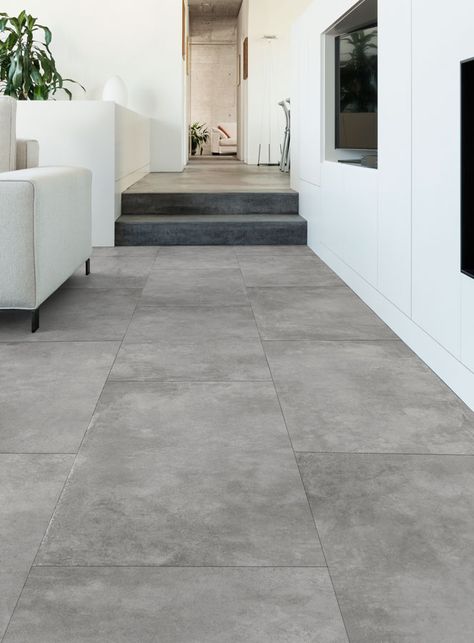 Cement Floor Apartment, Gray Floor Interior, Indoor Tile Flooring, House Flooring Ideas Tile, 24x48 Tile Floor, Aesthetic Floor Tiles, Grey Tiles Bedroom, Big Tile Floor, Modern House Flooring