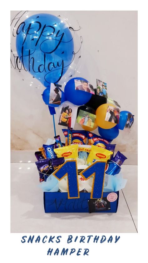 Its an image of blue theme birthday gift hamper Snacks Hamper Ideas, Birthday Gift Hamper, Hamper Diy, Hampers Ideas, Football Theme Birthday, Balloon Gifts, Bloom Box, Chocolate Bouquet Diy, Teenager Birthday