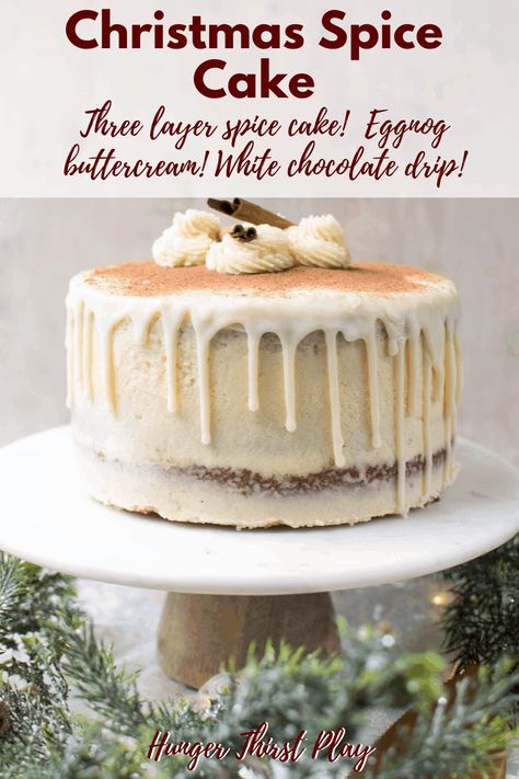 Perfect holiday cake! Three layers of ultra moist spice cake cloaked in fluffy eggnog buttercream frosting topped with sweet white chocolate ganache. Homemade spice cake is the perfect pairing for sweet frosting. This Christmas spice cake is sure to impress the lucky guests who eat it! #spicecake #Christmascake #holidays #christmasdesserts #eggnog #buttercream Christmas Baking Cake, Christmas Spice Cake, Homemade Spice Cake, Eggnog Buttercream, Moist Spice Cake, Pumpkin Buttercream, New Year's Desserts, Cake Christmas, Christmas Cake Recipes