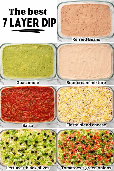 It’s easy to see why this 7 Layer Dip recipe gets a five star rating all over social media! Packed with layers of refried beans, creamy guacamole, and sharp cheddar cheese, this Seven Layer Dip is a perfect blend of textures and flavors. #7layerdip #diprecipe #partyfood 7 Layer Dip Vegetarian, 7 Layer Bean Dip Recipe, 7 Layer Dip Easy, Layer Dip Recipe, Cheese Dip Mexican, 7 Layer Dip Recipe, Creamy Guacamole, Layered Dip Recipes, Layered Bean Dip