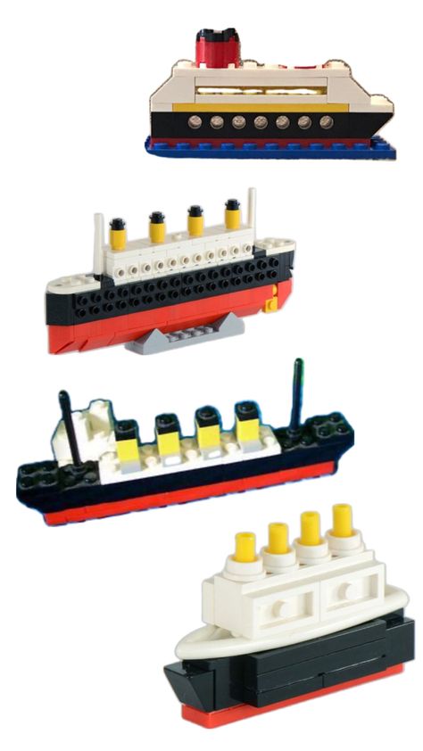 Use Lego pieces to make Titanics in various sizes Lego Ship Instructions, Lego Sailboat, Lego Disney Cruise Ship, Lego Cruise Ship, Titanic Lego Set, Lego Titanic, Lego Art, Titanic, Lego