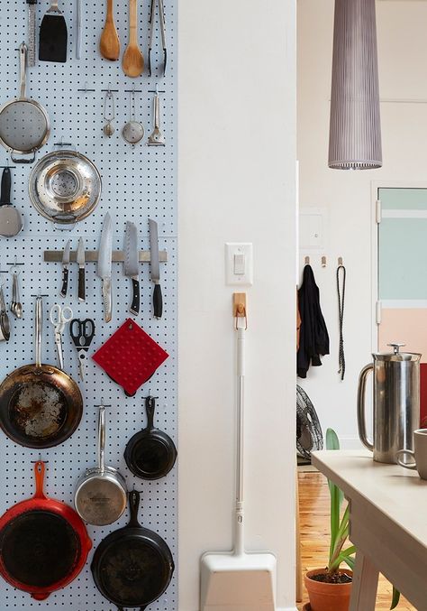 Converted Factory, Peg Board Walls, Small Kitchen Hacks, Pegboard Kitchen, Peg Wall, Open Loft, Loft Kitchen, Welcome To My House, Top Floor