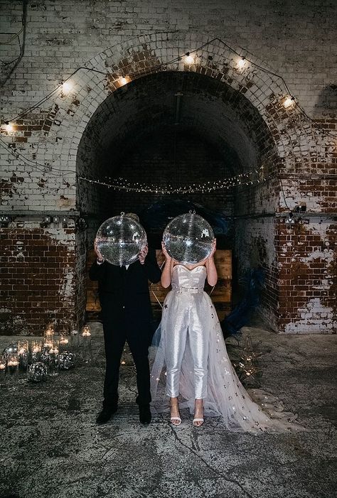 Soulmate Wedding Theme, Celestial Disco Wedding, Non Traditional Wedding Suit, Celestial Boho Wedding, Cool Engagement Photos Unique, Edgy Wedding Photos, Disco Boho Wedding, Disco Wedding Dress, Modern Edgy Wedding