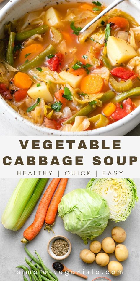 Cabbage Healthy Recipes Clean Eating, Veggie Cabbage Recipes, Cabbage Vegetable Soup Crockpot, Cleansing Cabbage Soup, Vegetable Soup Vegan Healthy, Healthy Cabbage Meals, Vegetarian Cabbage Soup Recipe, Whole 30 Veggie Soup, Whole 30 Cabbage Soup