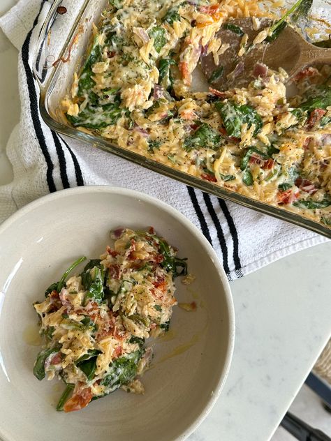 One Pan Creamy Roasted Veggie Orzo Bake Roasted Veggie Orzo Bake, Vegetarian Orzo Bake, Veggie Orzo Bake, Roasted Veggie Orzo, Veggie Orzo, Orzo Bake, Creamy Orzo, Katie Austin, Baked Ricotta