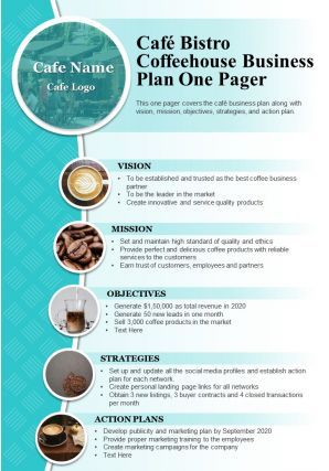 Cafe Bistro Coffeehouse Business Plan One Pager Presentation Report Infographic PPT PDF Document Cafe Business Plan Template, Business Plan Presentation Design, Report Infographic, Powerpoint Examples, Cafe Business Plan, Coffee Shop Business Plan, Project Dashboard, Business Plan Example, Project Charter