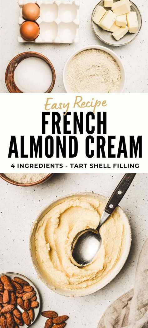 Almond cream filling, made with only four basic ingredients, is a simple French recipe perfect for baking. It's great for filling tart shells, fruit tarts, frangipane tarts, and even almond croissants, adding a delicious almond taste to these treats. This easy-to-make filling brings a touch of French pastry magic to your kitchen. Patisserie, Almond Custard Filling, Vegan Mascarpone Recipe, Almond Croissant Recipe From Scratch, French Pastry Cream Recipe, Almond Filling Recipe, Almond Cream Recipe, Almond Sauce Recipe, Almond Cream Filling