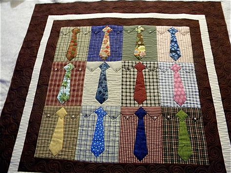 Would be a nice way to preserve a man in your life's shirts and ties as a memory quilt. Dress Shirt Quilt, Tie Quilts, Necktie Quilt, Necktie Crafts, Tie Quilt, Tie Crafts, Quilting Board, Keepsake Quilting, Memory Crafts