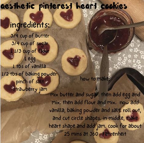 Heart Pinterest Cookies, Heart Shape Jam Cookies, Essen, Heart Shaped Jam Cookies Recipe, Heart Shaped Cookies With Jam, Christmas Cookies Recipes Aesthetic, Raspberry Heart Cookies, Heart Shaped Jelly Cookies, Heart Jam Cookie Recipe