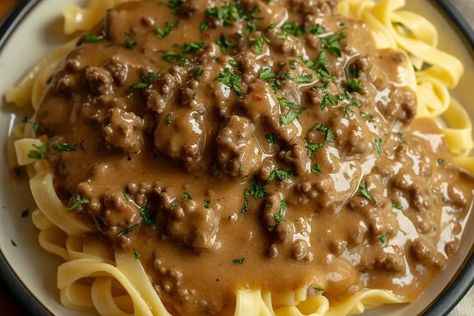 Hamburger Gravy Recipe Creamed Hamburger Gravy, Ground Beef Gravy Noodles, Instant Pot Hamburger Gravy, Hamburger In Gravy Recipes, Hamburger Mushroom Gravy, Hamburger And Brown Gravy Recipes, Hamburg Gravy Over Mashed Potatoes, Hamburger And Gravy Recipe Easy, Ground Beef Gravy Recipe