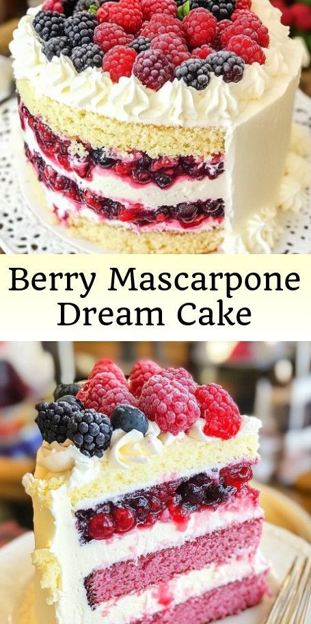 "Berry Mascarpone Dream Cake - A Heavenly Blend of Berries and Mascarpone Frosting" Indulge in the delightful combination of rich mascarpone cheese and fresh mixed berries with this delicious Berry Mascarpone Dream Cake. Light, airy, and bursting with sweetness, this cake is the perfect treat for any occasion. Get the recipe and impress your guests with this beautiful dessert! #BerryMascarponeCake #DessertGoals #CakeDecorating #SweetTreats Berry Cake Recipe, Berry Chantilly Cake, Mascarpone Cake, Mascarpone Recipes, Mascarpone Frosting, Cake Light, Light Cakes, Berry Dessert, Berry Cake