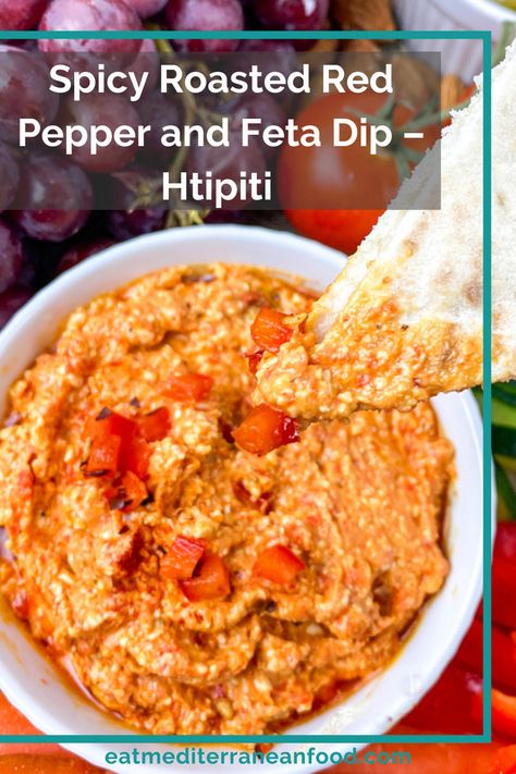 Red Pepper Appetizer Recipes, Spicy Red Pepper Feta Dip, Spicy Feta Spread, Spicy Feta Dip Recipes, Htipiti Feta Dip, Feta Roasted Red Pepper Dip, Roasted Red Pepper And Feta Dip, Spicy Feta Dip Greek, Tirokafteri Recipe