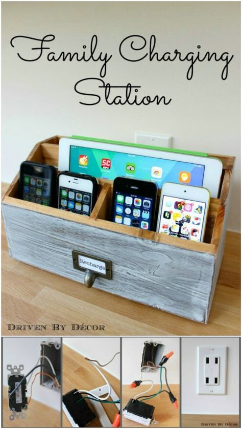 Make a charging station for your entire family. Family Charging Station, Wooden Charging Station, Phone Charging Stations, Driven By Decor, Organization Station, Interior Vintage, Charging Stations, Household Organization, Home Office Organization