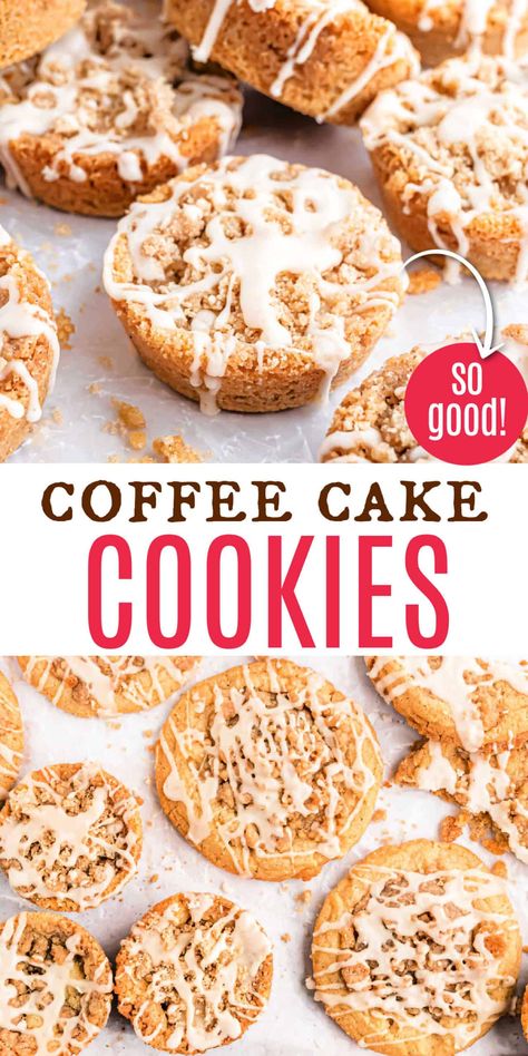 Cinnamon Coffee Cake Cookies Coffee Cake Cookies Recipe, Crumble Cookies Recipe, Coffee Cookies Recipe, Copycat Cookies, Adorable Desserts, Crumbl Copycat, Cookie Swap Recipes, Coffee Cake Cookies, Buttery Cookie