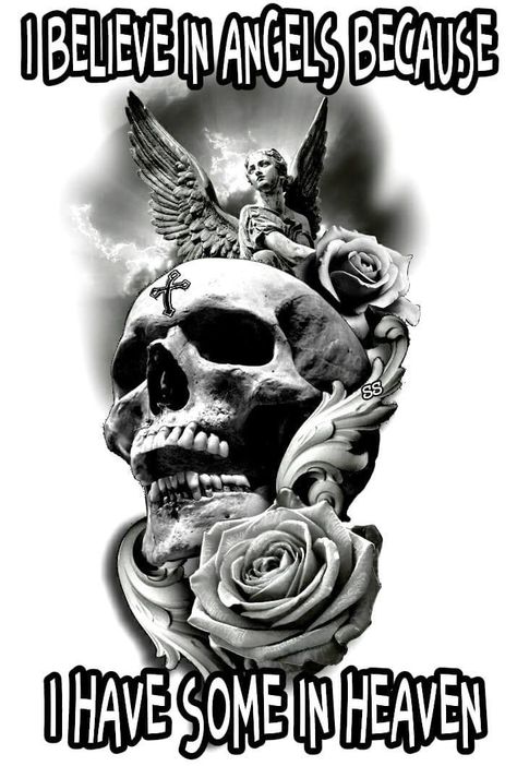 Skull And Angel Tattoo, Skull Angel Tattoo, Skull Tattoo Flowers, Evil Skull Tattoo, Skull Rose Tattoos, Rose Tattoo Sleeve, Skull Sleeve Tattoos, Skull Sleeve, Skeleton Tattoos