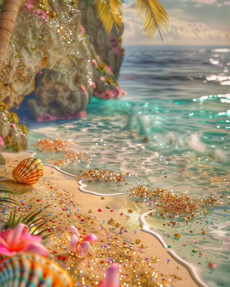 Unearthed a secret beach where the sand dreams in diamonds. ✨️ . . #beach #sun #jewels #art #ai #beautifulplaces #sea #spain #dreamlike Dreamy Beach, Fantasy Mermaids, Sea Stars, Gothic Garden, Mermaid Pictures, Mermaid Aesthetic, Sea Sand, Pretty Backgrounds, Magic Aesthetic