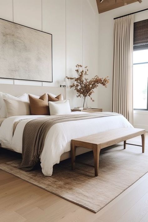 Bed Rokm, Two Rugs In Bedroom, Asymmetrical Bedroom Design, Bedroom White Bed Frame, Simple White Bedroom Ideas, Bedroom Ideas King Bed, Warm Transitional Bedroom, Nuetral Pallete Bedroom, Modern Farmhouse Bedroom Master Suite