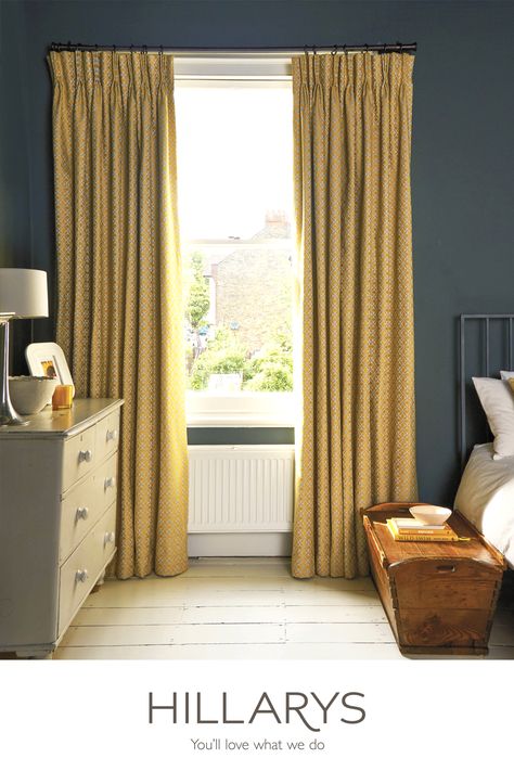 For your Bedroom try matching golden mustard tones with navy blue. These Eclipse Mimosa curtains add an edge of decadence and brightness to this bedroom for a luxe feel Yellow Curtains Bedroom, Yellow Gold Curtains, Ochre Bedroom, Mustard Bedroom, Mustard Yellow Curtains, Lounge Curtains, Korean Apartment, Glamourous Bedroom, Snug Room