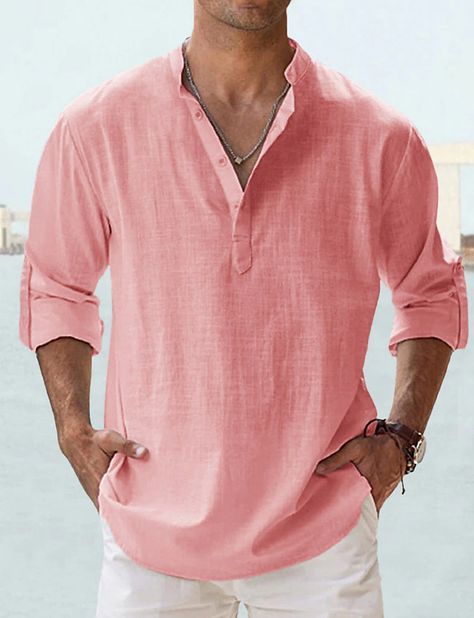 Men's Shirt Linen Shirt Summer Shirt Beach Shirt White Pink Blue Long Sleeve Plain Stand Collar Spring & Summer Hawaiian Holiday Clothing Apparel Basic 2024 - $21.99 Mens Linen Shirts Casual, Office Workout, Stand Collar Shirt, Sport Shirts, Linen Shirt Men, Casual Long Sleeve Shirts, Mens Linen, Mode Casual, Linen Casual