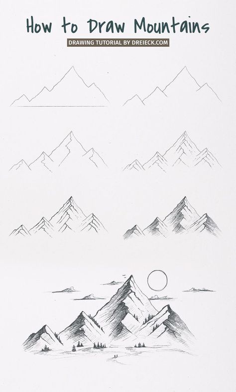 Mountains are absolutely fascinating. No wonder they are a popular subject for any kind of art. In this tutorial I’ll show you step by step how to draw mountains. At first glance, a mountain (or mountain range) is very complex – but with a few tricks, this look can be easily captured on paper! How To Draw Realistic Mountains, Landscape Drawings For Beginners, How To Draw Sketches Step By Step Pencil, Drawing Ideas Easy Mountains, Mountain Drawings Easy, Landscape Tutorial Drawing, Landscape Drawings Mountain, Mountains Simple Drawing, Mountain Drawing Step By Step