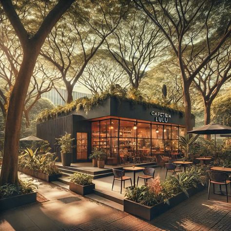 Luxury Cafe Exterior, Modern Coffee Shop Exterior, Cafe In The Woods, Small Cafe Design Exterior, Restaurant Architecture Exterior, Cafe Building Design, Cafe Landscape Design, Garden Cafe Design Outdoor Coffee Shop, Modern Restaurant Design Exterior