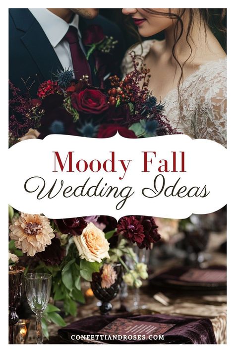 Embrace the enchanting allure of moody fall weddings with our curated collection of ideas. Discover rich, romantic decor that captures the essence of autumn. From deep, jewel-toned color palettes to lush floral arrangements bursting with seasonal blooms, create an atmosphere of intimate elegance. Explore sophisticated table settings that blend rustic charm with refined touches. Wedding Color Palette Moody, Moody Fall Floral Arrangements, Moody Jewel Tone Wedding Flowers, Fall Wedding Jewel Tones, Late November Wedding, Elegant Spring Wedding Color Schemes, Romantic Wedding Color Palette, Fall Moody Wedding, Moody Wedding Color Palette