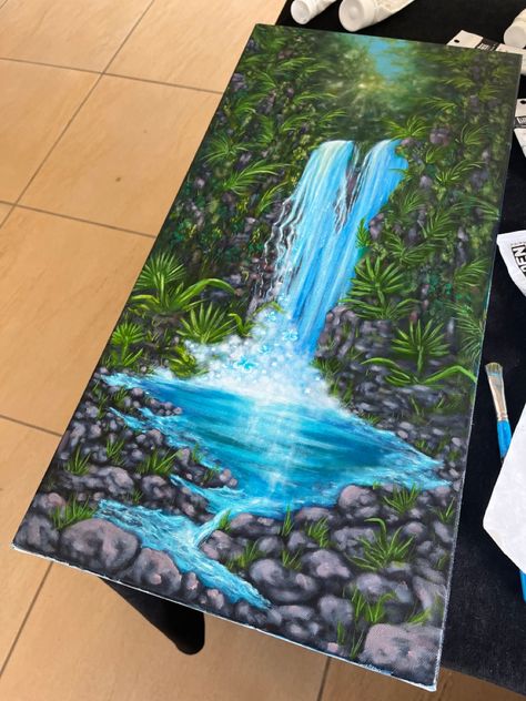 I painted this acrylic piece of a waterfall influenced by Hana, Hawaii. The original is for sale. #acrylic #waterfall #acrylicpainting #painting #art #jungle #hawaii #maui #mauihawaii #hana #hanahighway Jungle Painting Acrylic, Easy Scenery Drawing, Hana Highway, Hana Maui, Jungle Painting, Hawaii Art, Maui Hawaii, Diy Art Painting, Artistic Designs