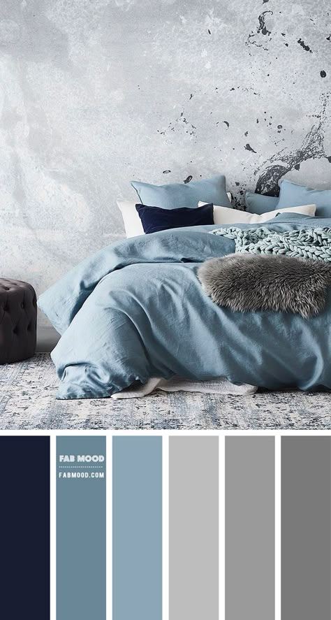 There is a lot to love about this beautiful dusty blue and grey bedroom, from the dusty blue bedding set to the interesting grey... Blue And Grey Bedroom, Grey Colour Scheme Bedroom, Grey Bedroom Colors, Beautiful Bedroom Colors, Wedding Color Palettes, Blue Bedding Sets, Colors Wedding, Grey Bedroom, Grey Color Scheme