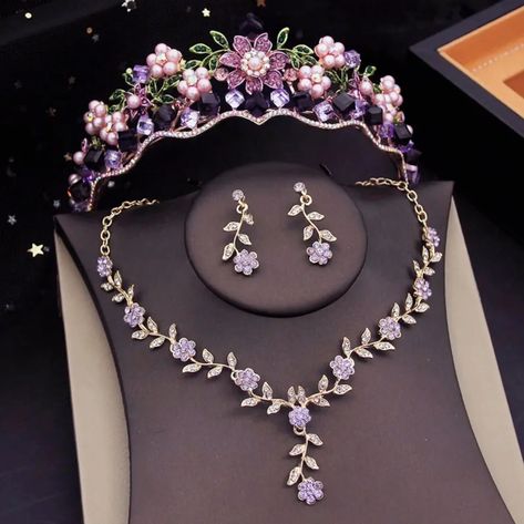 Buy Purple Bridal Tiara Set Pearl Rhinestone Crystal Puple Crown Online in India - Etsy Wedding Tiara Set, Birthday Tiaras, Wedding Dubai, Purple Wedding Jewelry, Bridal Crown Tiara, Ethereal Jewelry, Purple Crown, Cat Slippers, Crystal Bridal Tiaras