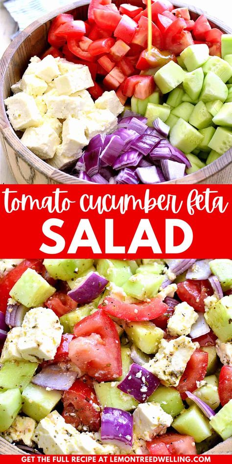 Tomato Cucumber Feta Salad is fresh, flavorful, and SO delicious! It combines crisp cucumbers, juicy tomatoes, red onion, and feta cheese with a simple homemade vinaigrette. One of our favorite go-to summer salads! Quick Simple Salads, Tomato Cucumber Appetizer, Tomato Onion Feta Salad, Tomatoes Feta Salad, Whipped Feta With Marinated Cucumber, Really Easy Healthy Meals, Cucumber And Feta Cheese Salad, Tomato Cucumber Feta Salad Balsamic, Recipes With Cucumber And Tomato