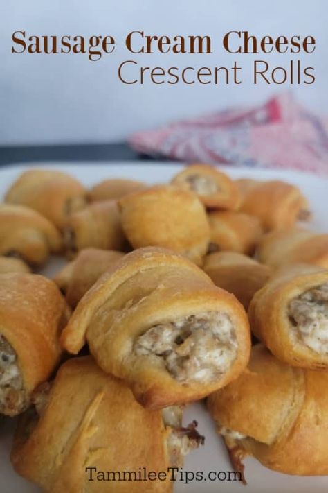 3 Ingredient Sausage Cream Cheese Crescent Rolls - Tammilee Tips Sausage Puffs Cream Cheeses, Egg And Sausage Crescent Rolls, Crossiant Rolls Easy Recipes, Croissant Appetizers Finger Foods, Crescent Cream Cheese Sausage, Breakfast Idea With Crescent Rolls, Crescents With Cream Cheese Sausage, Easy Sausage Cream Cheese Crescent Rolls, Cream Cheese And Bacon Filled Crescent Rolls