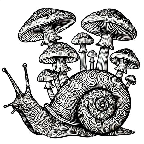 Trippy Snail, Doodle Art Mushroom, Creepy Mushroom Drawing, Nature Designs, Magic Mushroom Art, Shells Illustration, Mushrooms Illustration, Snail Drawing, Mushroom Drawing