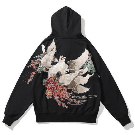 Nine Tailed Fox Embroidered Hoodie, Yokosuka Japanese Kitsune Zip Up, Hefushi Embroidery Cotton Zip Hoodie Japanese Embroidery, Chinese Jacket, Fox Hoodie, Nine Tailed Fox, Fox Embroidery, Embroidery Sweatshirt, Hoodie Material, Soft Hoodie, Embroidered Hoodie