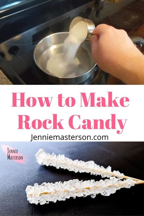 Candy Rocks Recipe, How To Make Rock Candy Sticks, Diy Rock Candy Easy, Diy Crystal Candy, How To Make A Lollipop, How To Make Crystals At Home, Rock Candy Recipe Easy Fast, Candy Crystals Recipe, How To Make Candy Crystals