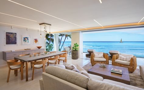 Beach Condo | Hawaii Home + Remodeling Beach House Hawaii Interior Design, Cozy Beach Apartment, Modern Beach Condo Decor, Beach Aesthetic Apartment, Hawaiian Home Aesthetic, Beach Apartment Interior Design, Hawaii Aesthetic House Interior, Hawaii Condo Decor Interior Design, Hawaii Apartment Aesthetic