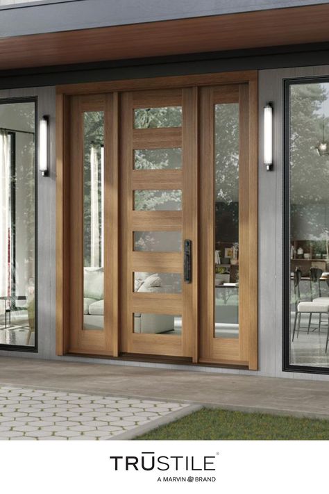 Make a statement and elevate your home’s exterior with natural elements, clean lines, and bold accents. Explore more from our Modern Entry Door Collection. 

🚪TM6100-105A, TMIR6001-102B Thermatru Front Door Driftwood, Wood Door Grey House, Front Doors With Side Lights Modern, Modern Entry Doors With Sidelights, Modern Mountain Home Exterior Front Doors, Exterior Front Doors Modern, Wood Modern Front Door, Modern Wood Front Doors With Glass Panels, Modern Fiberglass Front Door