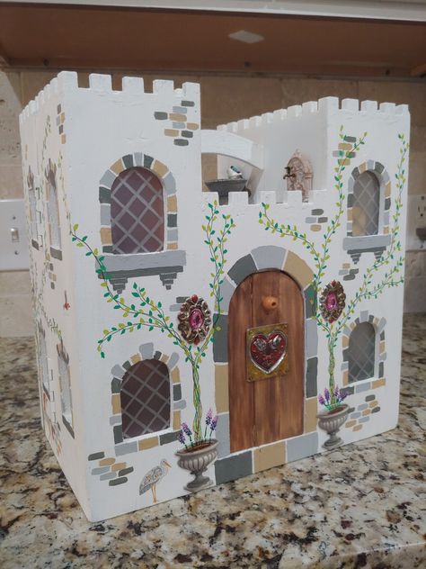 Castle Dollhouse Ideas, Wood Castle Dollhouse, Diy Play Castle, Wood Castle Diy, Painted Wooden Castle, Wooden Castle Painting Ideas, Diy Castle Dollhouse, Michaels Wooden Castle, Doll House Castle