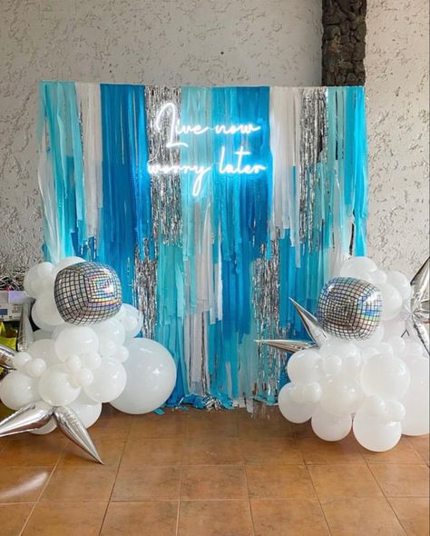 Mamma Mia Theme Grad Party, Mama Mia Birthday Party Decorations, Disco Mama Mia Party, Mamma Mia Photo Backdrop, Mamma Mia Backdrop, Mamma Mia Pool Party, Mama Mia Party Outfit, Mamamia Party, Blue Grad Party