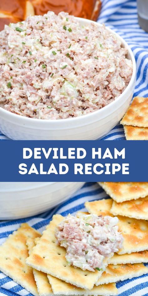 Deviled ham salad kicks up the basic recipe with a little extra zest. This versatile spread pairs well with crackers or even makes a tasty sandwich filling! Perfect for using up your leftover ham. #saladrecipe #appetizer #snack Chopped Ham Salad, Sliced Deli Ham Recipes, Deviled Ham Recipes, Sandwich Fillings Ideas, Devilled Ham, My Pins Saved Boards Recipes, Deviled Ham Salad Recipe, Sandwich Charcuterie Board, Ham Salad Spread