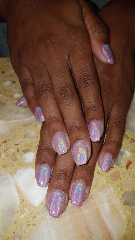 Pink hologram Holo Acrylic Nails, Sparkly Holographic Nails, Irridecent Design Nails Short, Holographic Toe Nails, Irradecent Acrylic Nails, Iredesant Nails Pink, Pink Irredescent Nails, Irridescent Nails Pink, Nail Ideas With Glitter Sparkle