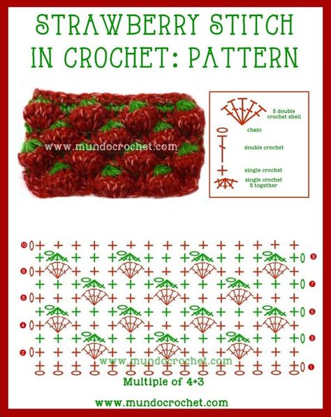 Watch how to do the strawberry stitch pattern Strawberry Stitch, شال كروشيه, Crochet Stitches Diagram, Crochet Strawberry, Crochet Simple, Stitch Crochet, Crochet Diy, Crochet Diagram, Crochet Stitches Patterns