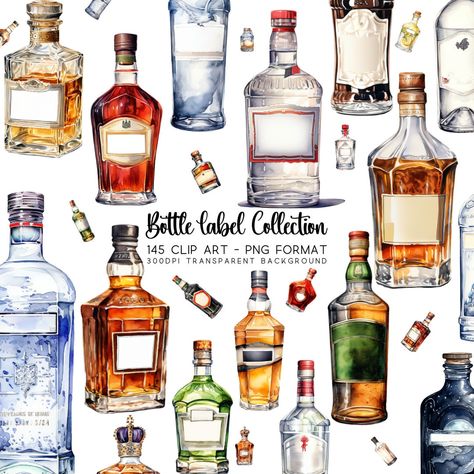 Alcohol Stickers, Watercolor Alcohol, Bar Stickers, Cocktails Clipart, Holiday Labels, Alcohol Bottles, Vibrant Watercolor, Sublimation Projects, Affinity Designer