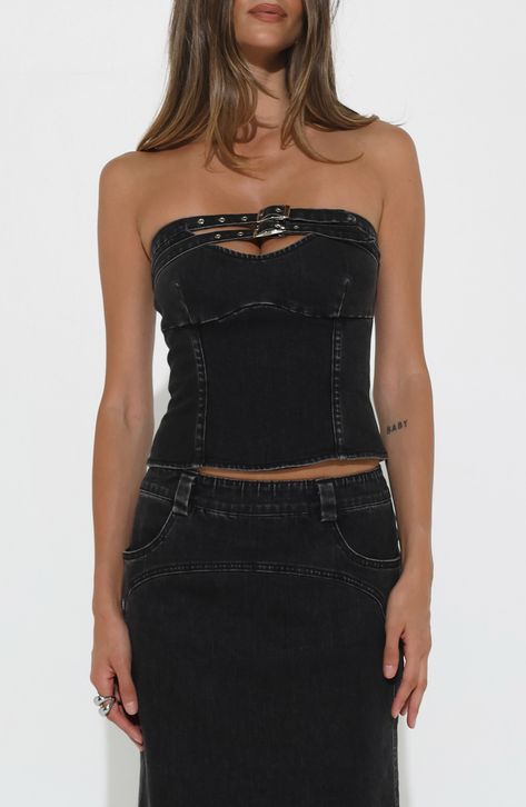 BY.DYLN Jiya Denim Top available at #Nordstrom Black Denim Corset, Traditional Corset, Denim Corset Top, Denim Corset, Denim Maxi, Denim Maxi Skirt, Everyday Wardrobe, Contemporary Fashion, Black Stretch