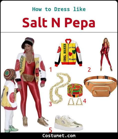 Salt-n-Pepa's Costume from Push It Salt And Peppa Costumes, Salt N Peppa Costume, Peppa Halloween, Golden Sneakers, Salt N Peppa, Halloween Shoot, Salt N Pepa, Red Bodysuit, Push It