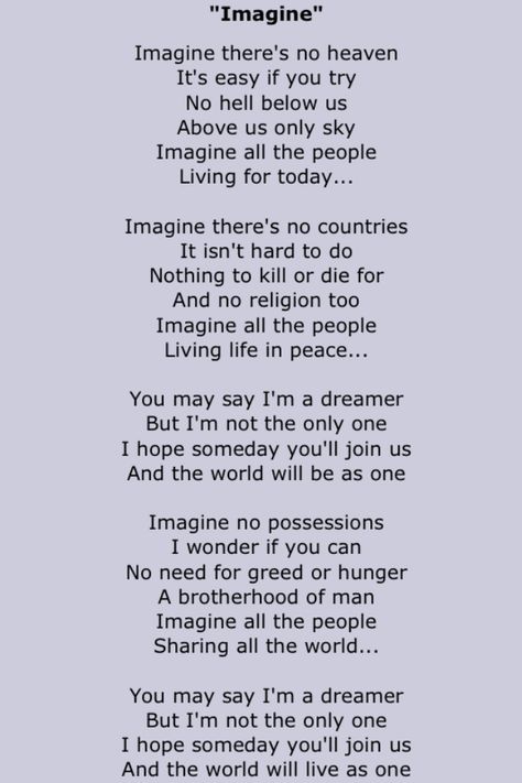 Imagine lyrics by John Lennon Imagine By John Lennon, Imagine John Lennon Lyrics, John Lennon Lyrics, Imagine Lyrics, Love John Lennon, John Lennon Quotes, Imagination Quotes, Imagine John Lennon, Lyric Poster