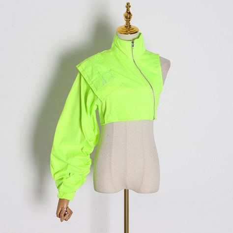 Women's Black / Neon Green Short Asymmetrical Coat - Wnkrs Short Tops For Women, Neon Green Shorts, Angel Brinks, Ropa Upcycling, Asymmetrical Coat, Crop Top Jacket, Ladies Short Jackets, Streetwear Jackets, Black Angel