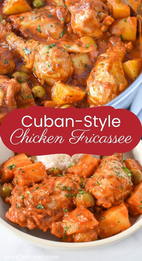 Chicken Fricassee Cuban, Cuban Chicken Fricasse Recipe, Chicken Latin Recipes, Chicken Fricase Crock Pot, Pollo Fricase Cuban Chicken, Cuban Crockpot Recipes, Cuban Chicken Stew, Cuban Food Recipes Easy, Authentic Cuban Recipes