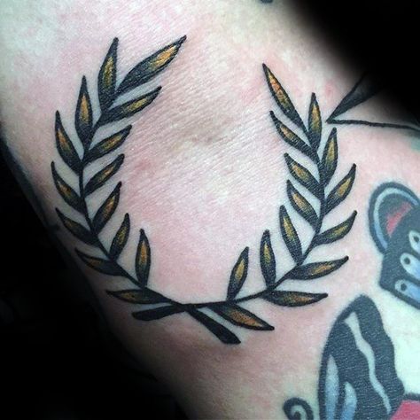 Small Traditional Old School Forearm Gold Laurel Wreath Male Tattoos Traditional Wreath Tattoo, Laurel Tattoo, Laurel Wreath Tattoo, Gold Laurel Wreath, Olive Branch Tattoo, Wreath Tattoo, Tatuagem Masculina Pequena, Branch Tattoo, Traditional Wreath